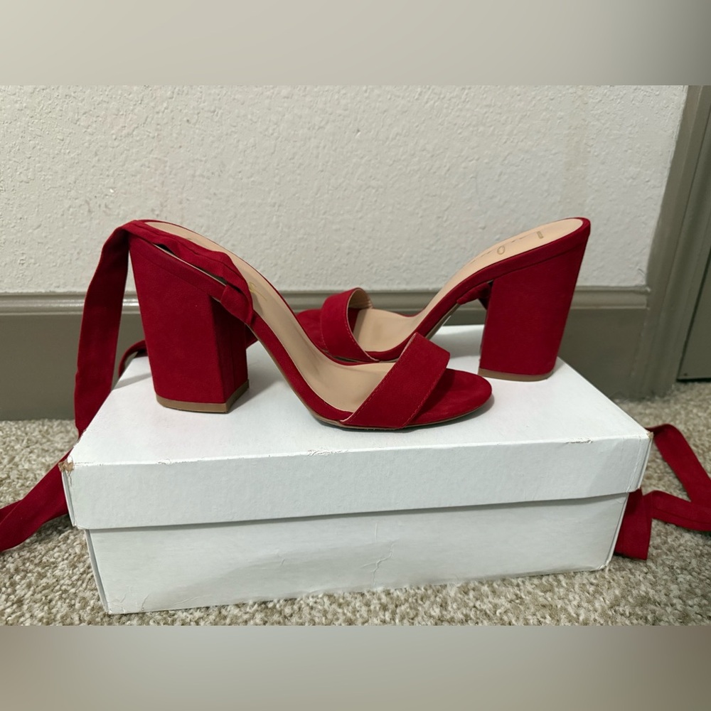 Red lace up heels 3.75” block heel